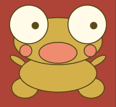 A playful drawing of golden Kero with huge eyes, pink cheeks and a big pink mouth, on a brick red background.