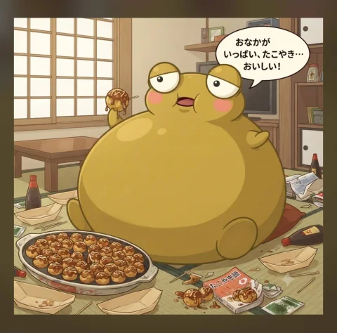 A round golden Kero holds a takoyaki ball beside a full plate in a Japanese-style room.