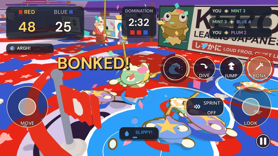 DOMINATION at Goro’s Castle. Frogs fight round a red flag under a big KERO LEARNS JAPANESE sign, and the screen says BONKED!