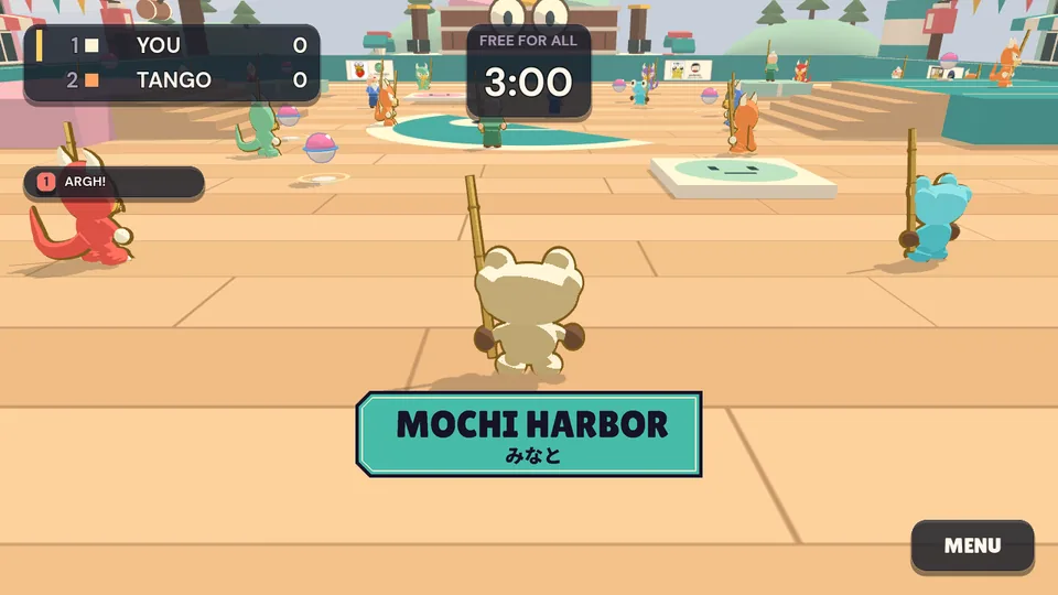 A round starting at Mochi Harbor: Kero stands on the quay among frogs with bamboo sticks and pink capsules, over a sign that says MOCHI HARBOR and みなと (minato, harbour).