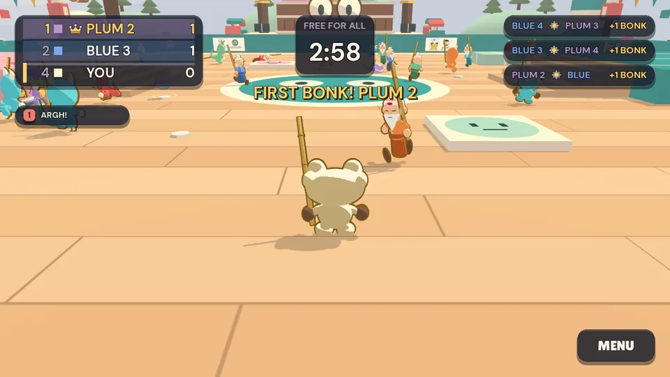 A busy FREE FOR ALL at Mochi Harbor. Frogs swing their sticks all over the quay, and the screen says FIRST BONK! PLUM 2.