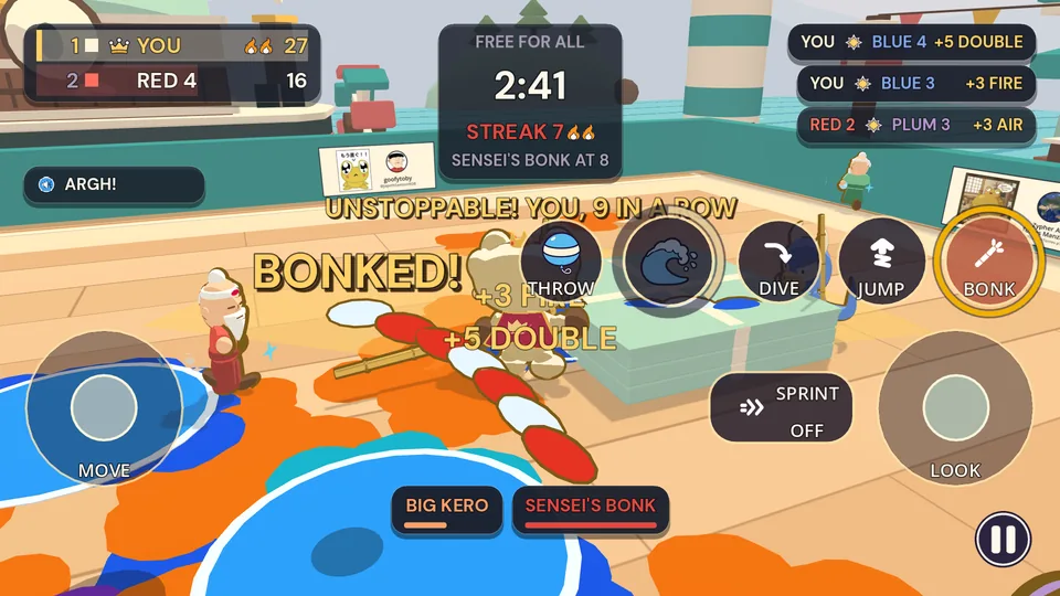 A round of FREE FOR ALL at Mochi Harbor. Kero, in the crown, bonks two frogs flat at once while Sensei watches, and the screen says BONKED!, +5 DOUBLE and UNSTOPPABLE! YOU, 9 IN A ROW.