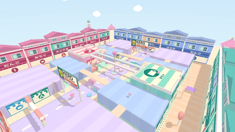 Bonk Street from above, with colourful shop fronts, rooftop bridges and a plaza in the middle.
