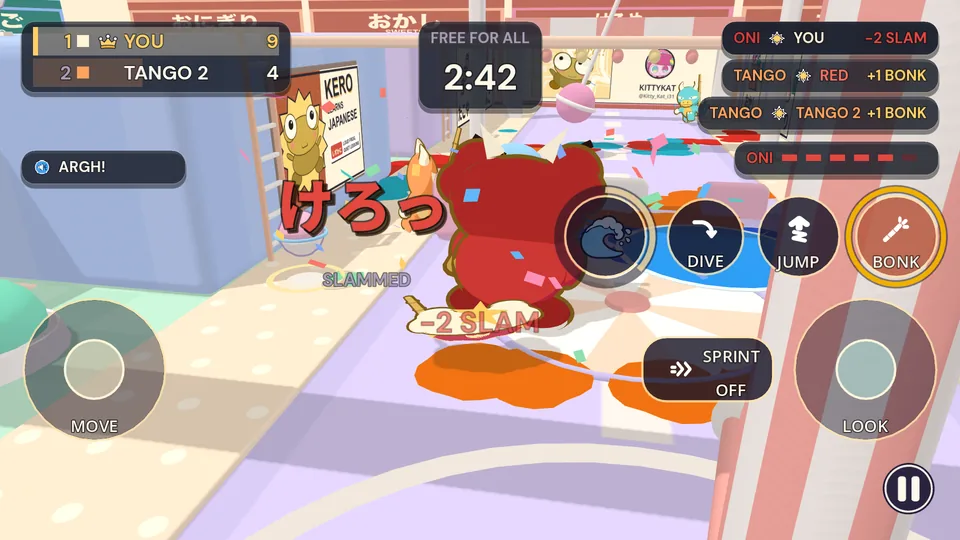 The red Oni slams the ground on Bonk Street, beside a KERO LEARNS JAPANESE poster, and the screen says SLAMMED.