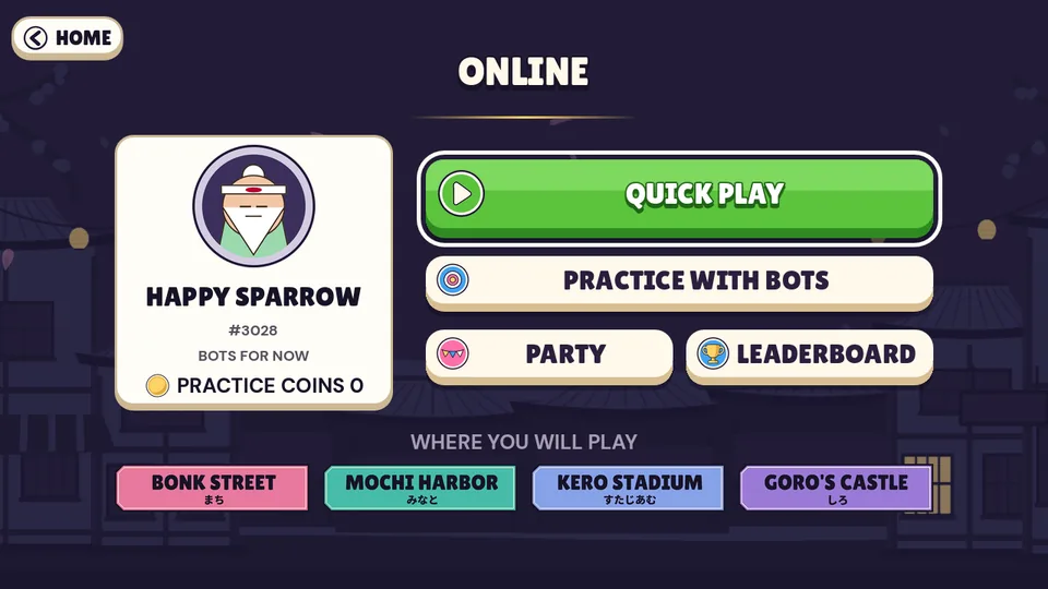 The ONLINE screen: a big green QUICK PLAY button, then PRACTICE WITH BOTS, PARTY and LEADERBOARD buttons, beside the player’s card with PRACTICE COINS, and the four maps along the bottom with their hiragana names.