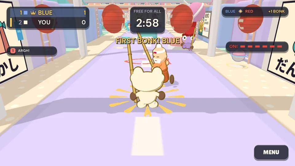 A FREE FOR ALL on Bonk Street, seen from behind Kero. Sensei swings his bamboo stick beside him under red paper lanterns, the screen says FIRST BONK! BLUE, and the Oni’s bar waits at the top right.