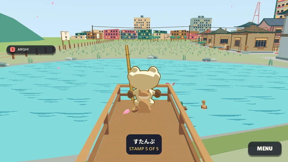 Kero at the end of the jetty over the lake, with ducks on the water, as a card says すたんぷ (sutanpu, stamp) STAMP 5 OF 5.