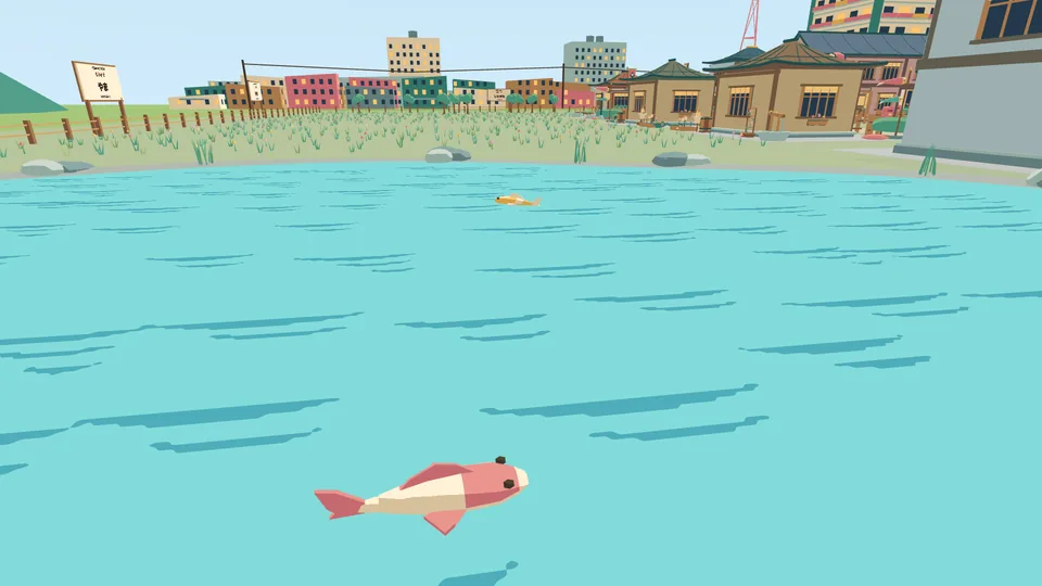 A pink and cream koi swims in Kero Town’s lake, with the shore, the houses and the tall buildings behind it.
