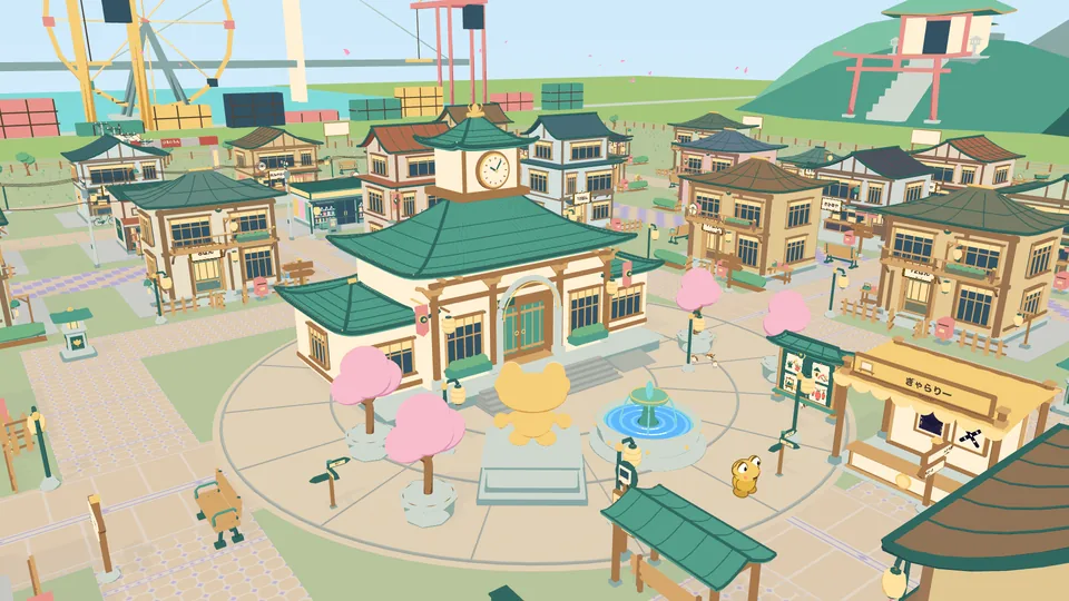Kero Town from above: the town hall with its clock tower, a golden Kero statue and a fountain in the plaza, cherry trees, and streets of houses running off to a big wheel and a shrine on the hill.
