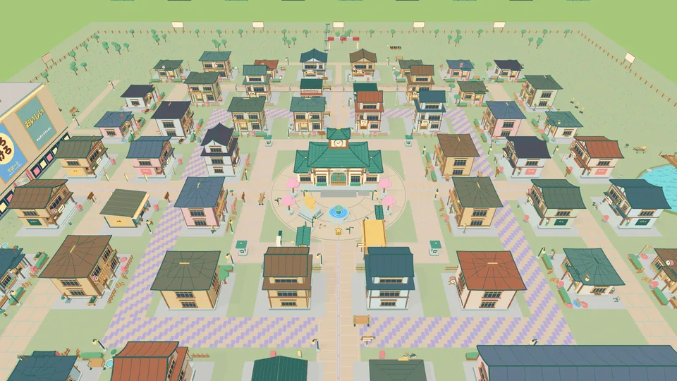 Kero Town seen from high above: rings of houses with coloured roofs round the plaza, streets with purple paving, the big department store on the left and the lake on the right.