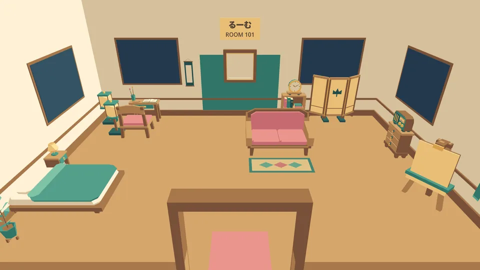 A room in Kero Tower, under a sign that says るーむ (rūmu, room) ROOM 101: a bed, a sofa, a desk, an easel and an empty picture frame on the back wall.