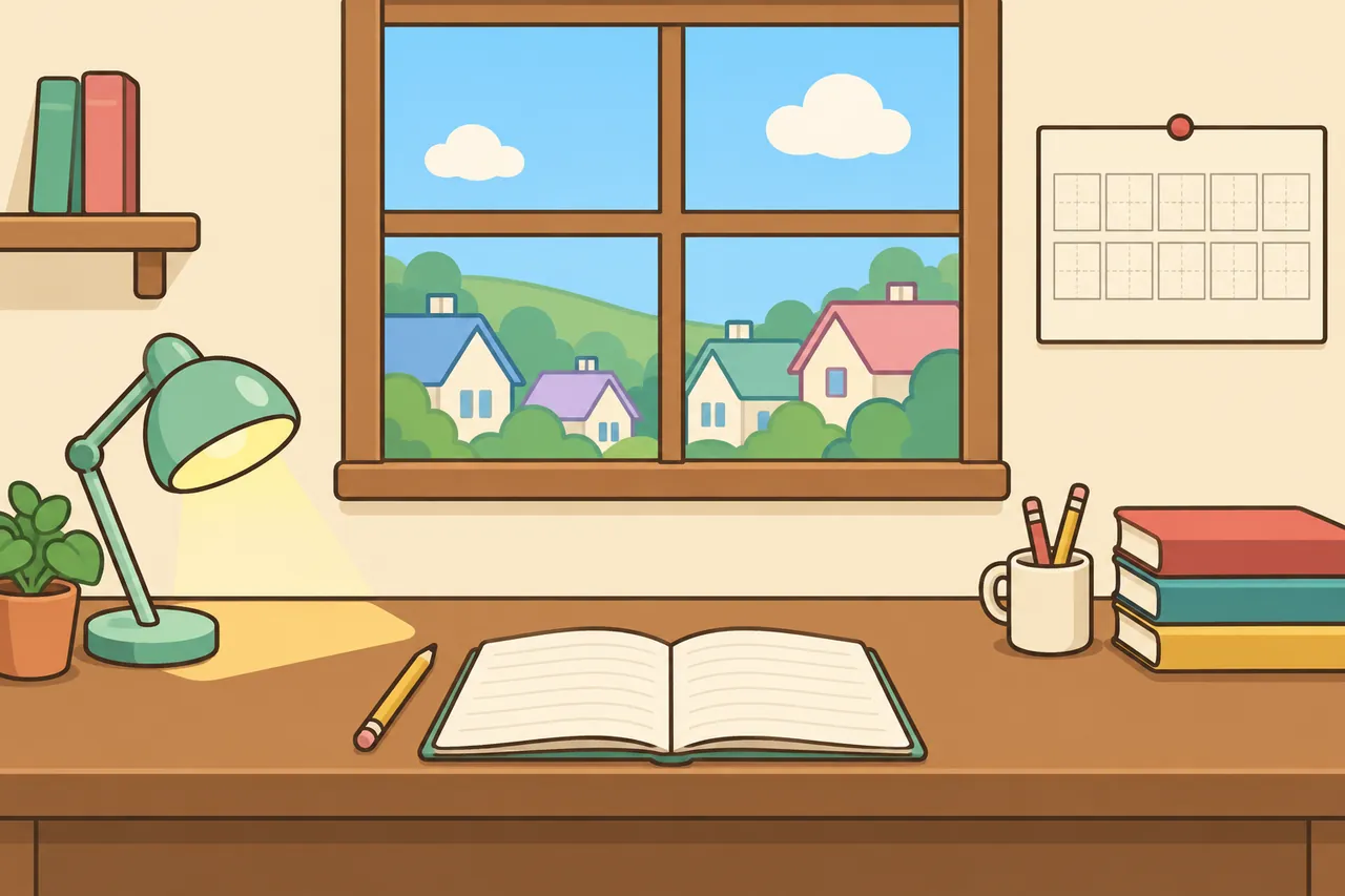Kero peeks over his desk at a kana practice sheet, by a window onto Kerotown.