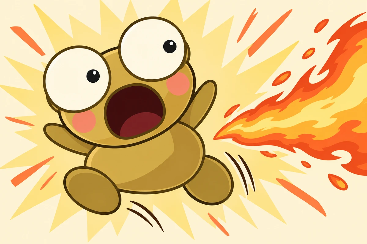 Kero jumps away from a jet of dragon fire, eyes wide with alarm.