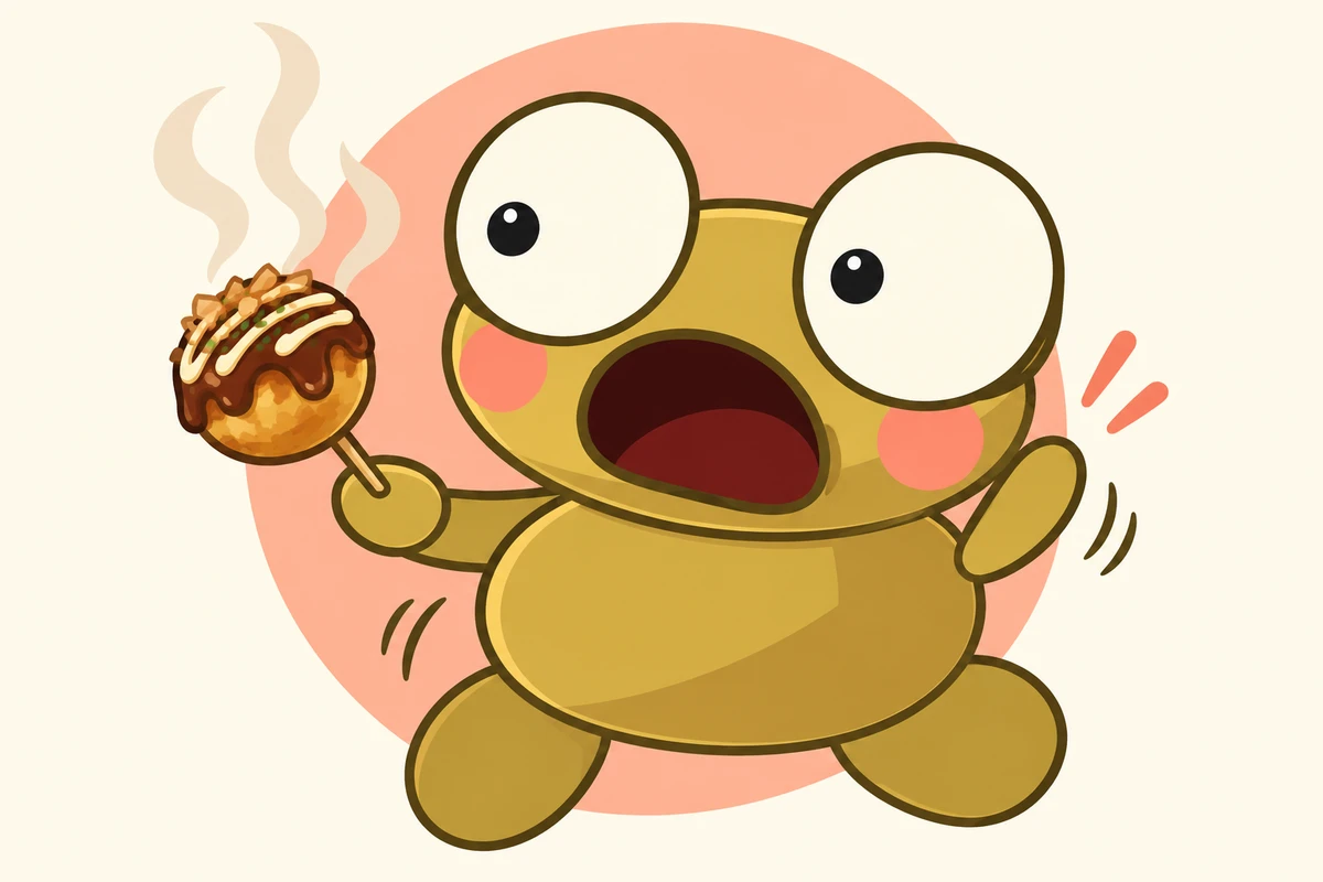 Kero holds a steaming takoyaki ball and reacts to its heat.