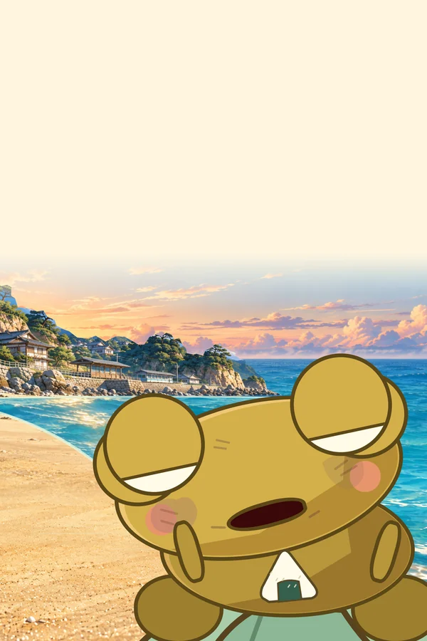 Kero, rice ball in hand, takes his first bite on the beach.