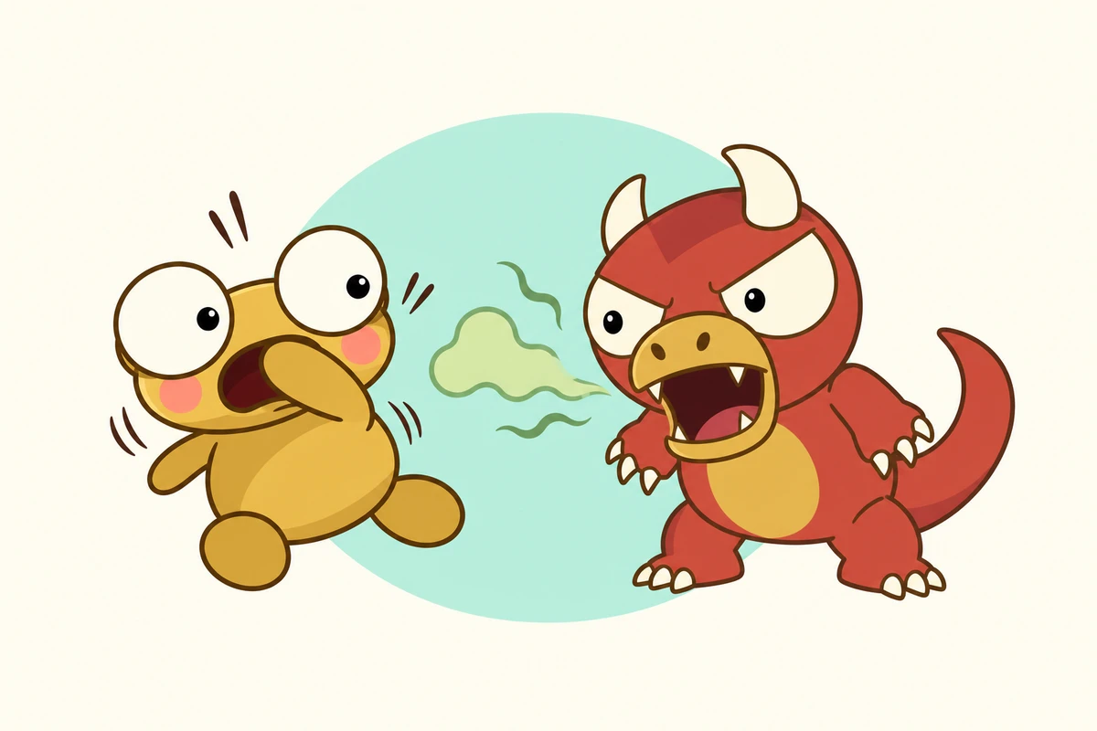 Kero recoils from Goro’s smelly green breath.