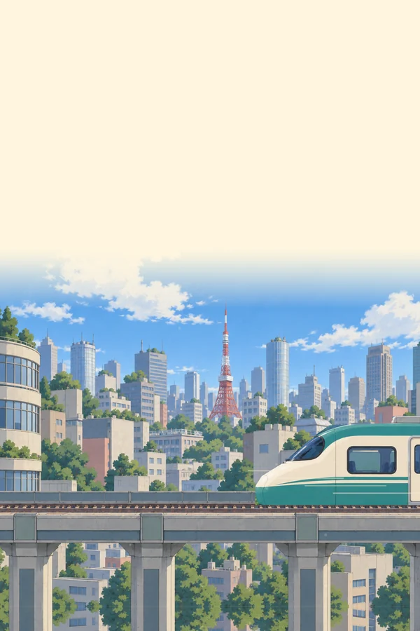 Tokyo Tower rises over the city as the bullet train glides in.