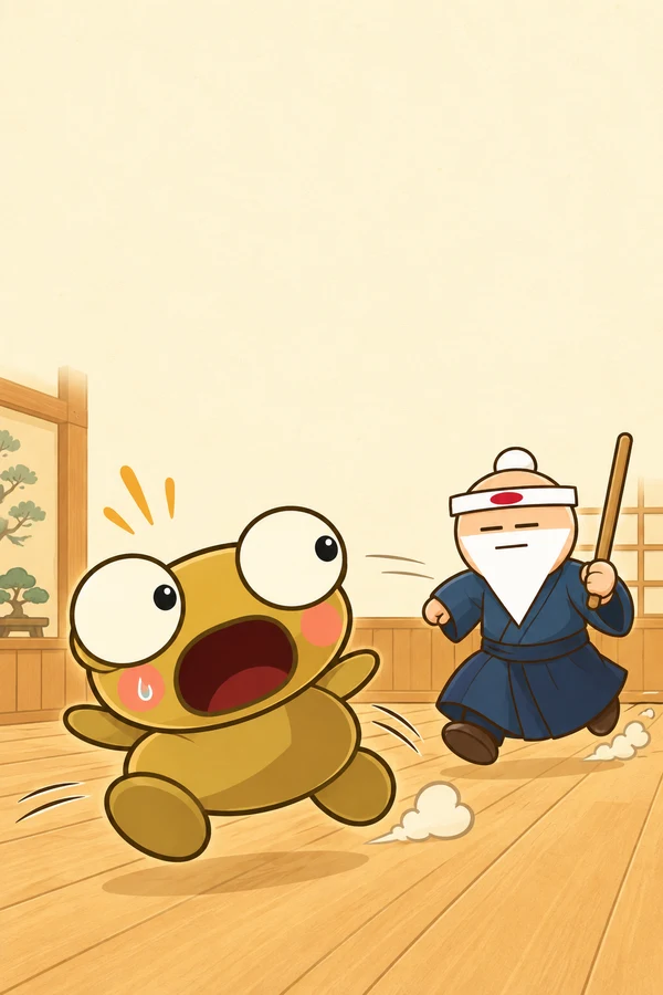 Kero cries for help while running from Sensei through a warm wooden dojo.