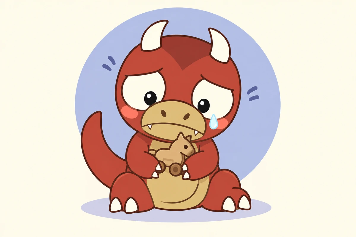 Young Goro sits with his toy, a tear on his cheek.