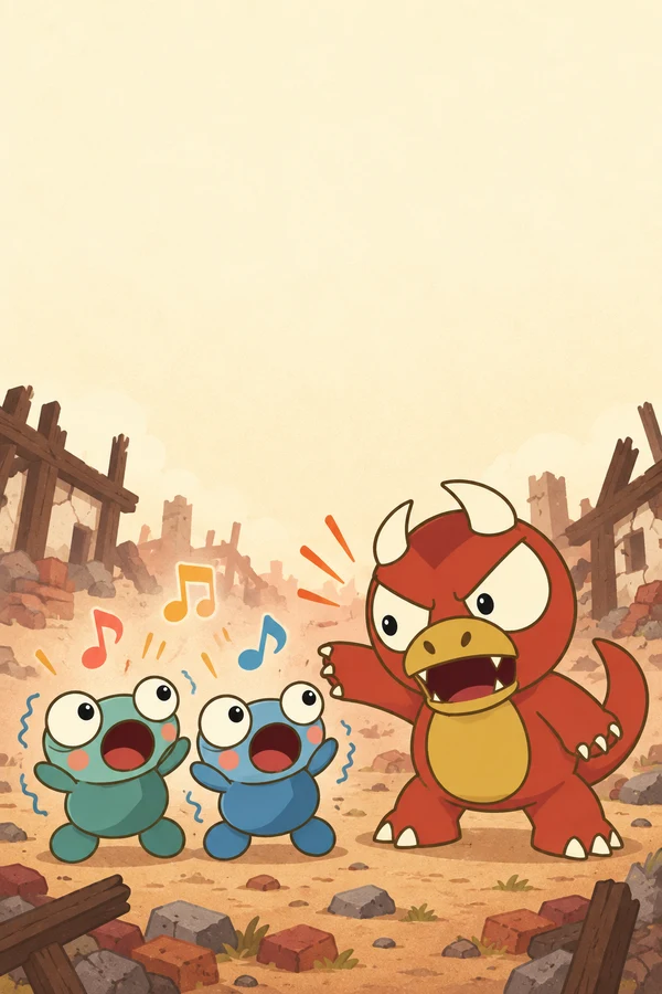 Goro orders two frightened green and blue frog villagers to sing in the ruined village.