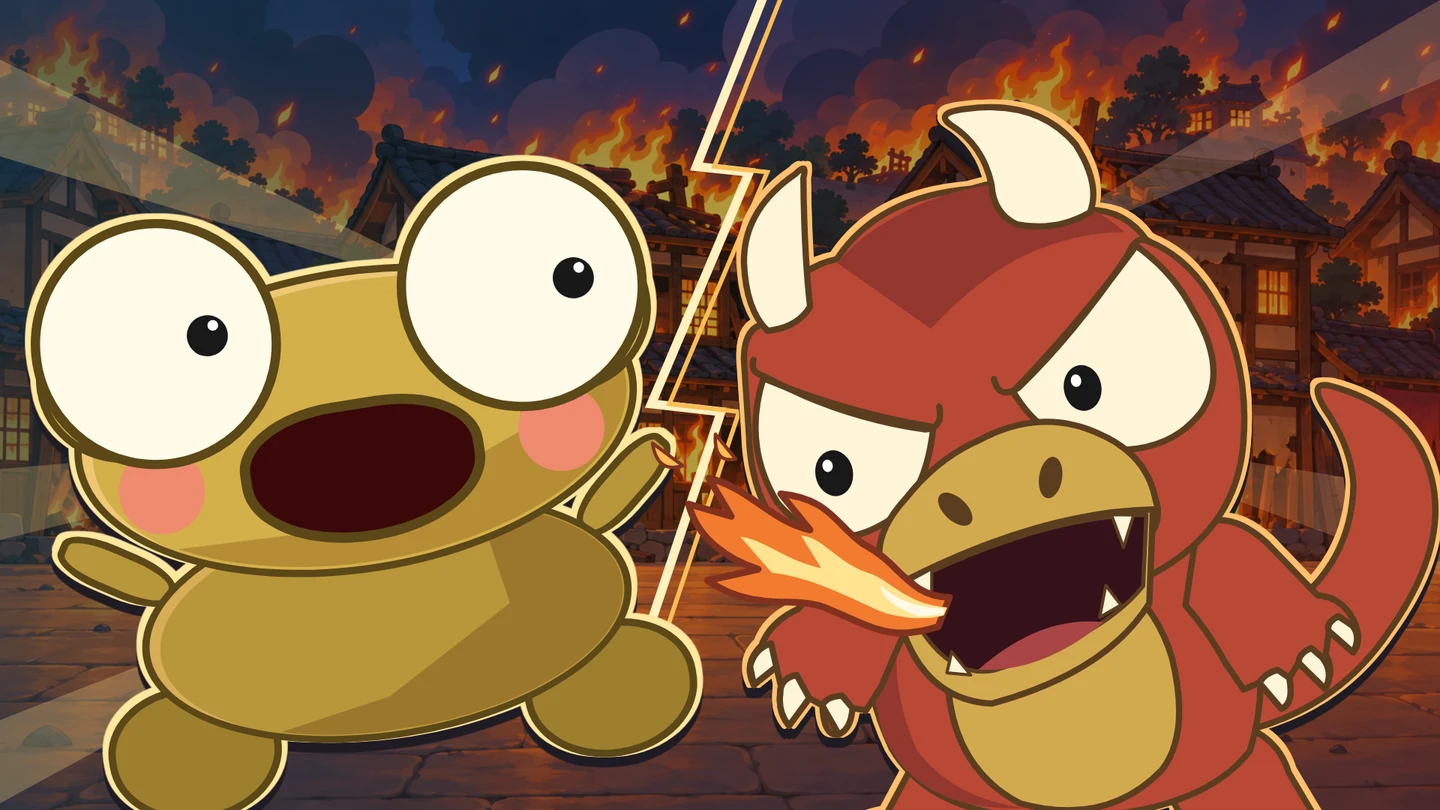 Kero faces Goro as the dragon breathes fire.