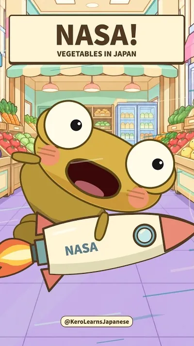 Kero rides a NASA rocket through a vegetable shop, under a sign that says NASA!