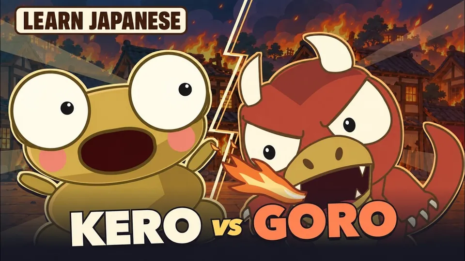 Kero gasps as Goro the red dragon breathes fire in front of a burning village. The words say KERO VS GORO.